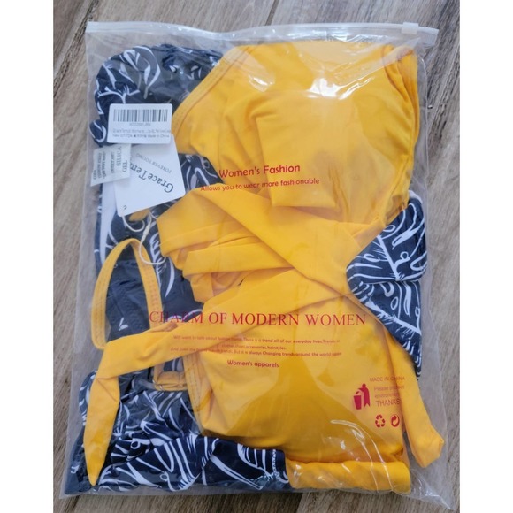 Grace Tempt Two Pc High Waisted Bikini Yellow Navy Blue Molded Padded Bra XL NWT - Picture 9 of 10